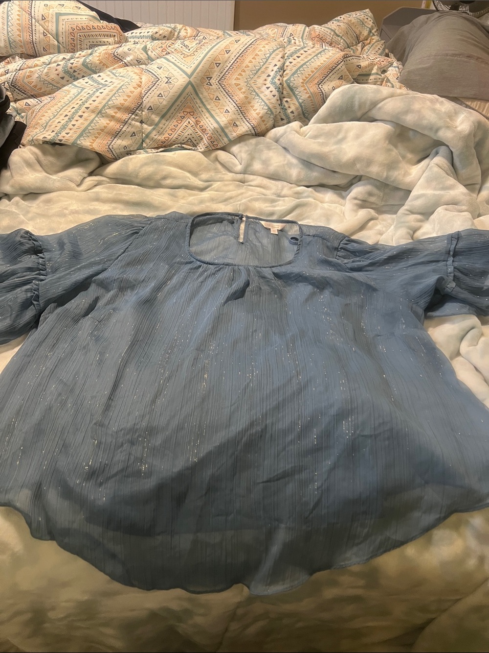 LC Lauren Conrad Light Blue flowy-Sleeve Blouse with Metallic Speckle